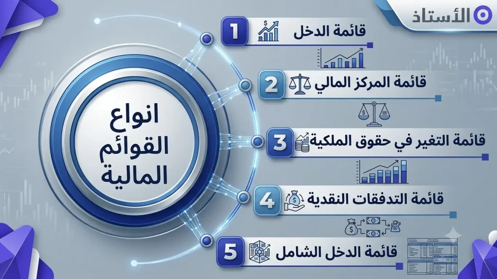 أنواع القوائم المالية
قائمة الدخل
قائمة المركز المالي
قائمة التغير في حقوق الملكية
قائمة التدفقات النقدية
قائمة الدخل الشامل